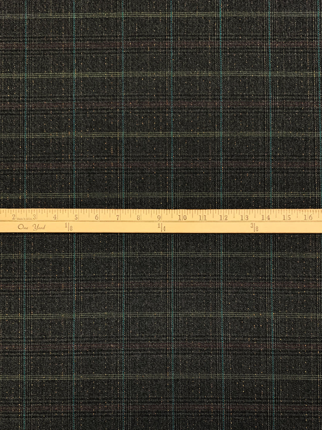 Charcoal/Black/Gold/Teal Blue Polyester/Metallic/Lycra Glen Plaid Suiting 56W