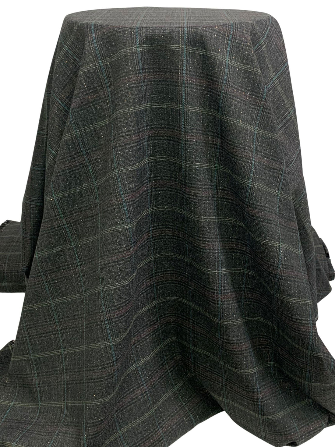 Charcoal/Black/Gold/Teal Blue Polyester/Metallic/Lycra Glen Plaid Suiting 56W