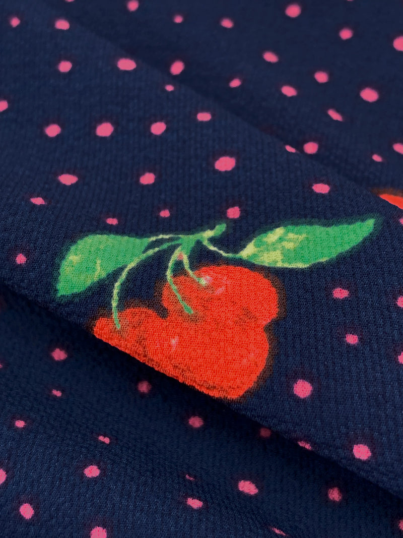 Navy Blue/Vivid Red/Rosy Pink 100% Polyester Dots & Cherries Print Bubble Crepe 60W