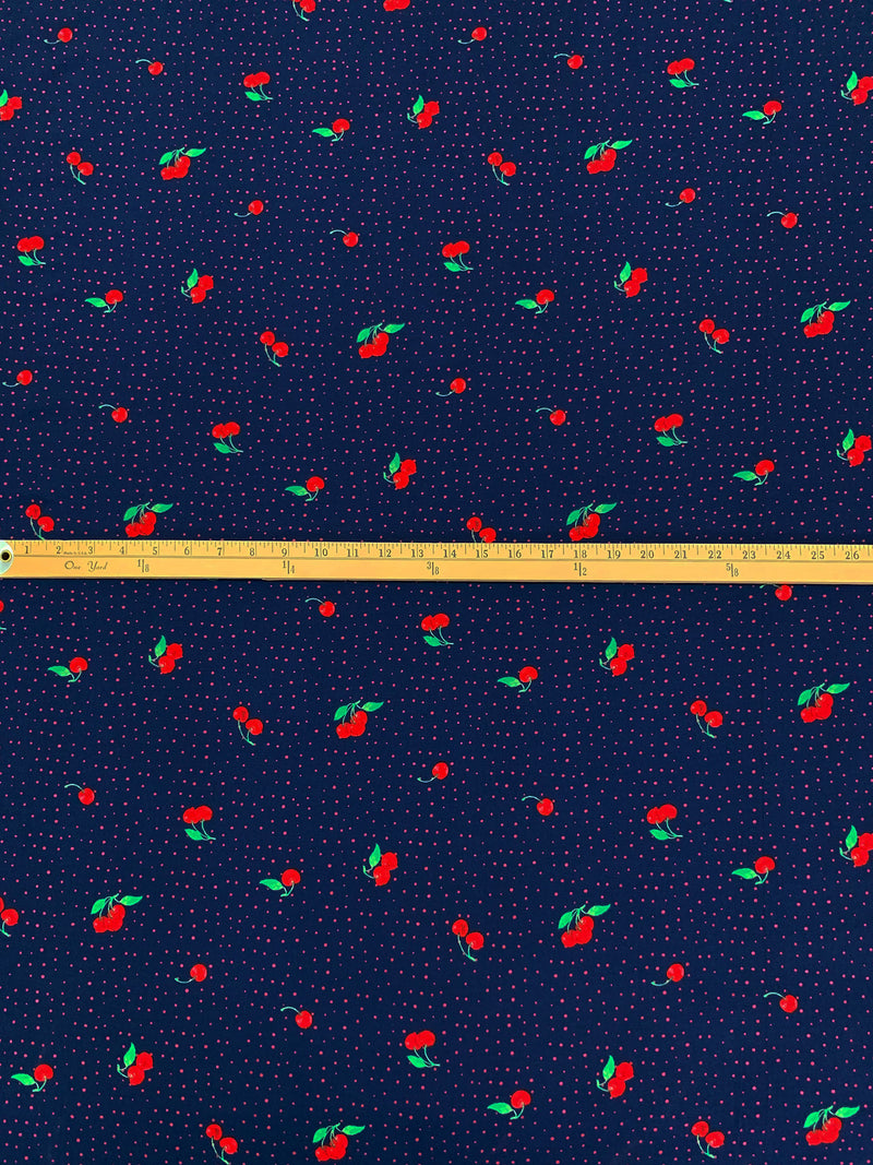 Navy Blue/Vivid Red/Rosy Pink 100% Polyester Dots & Cherries Print Bubble Crepe 60W