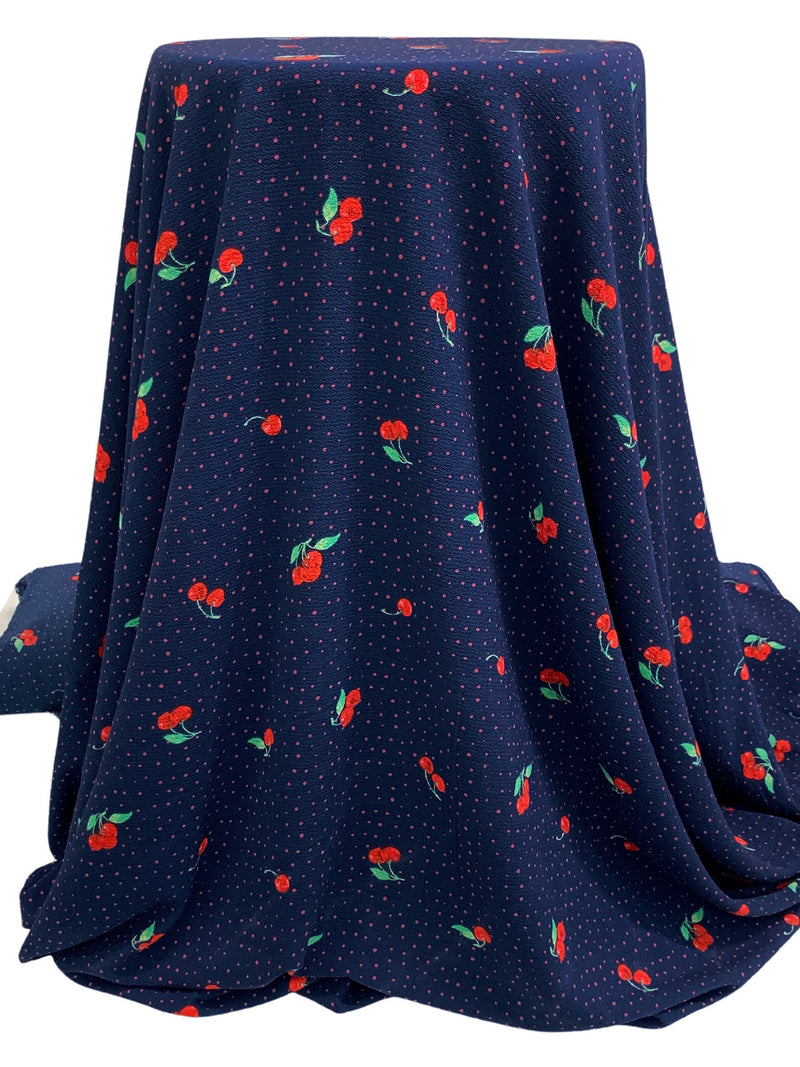 Navy Blue/Vivid Red/Rosy Pink 100% Polyester Dots & Cherries Print Bubble Crepe 60W