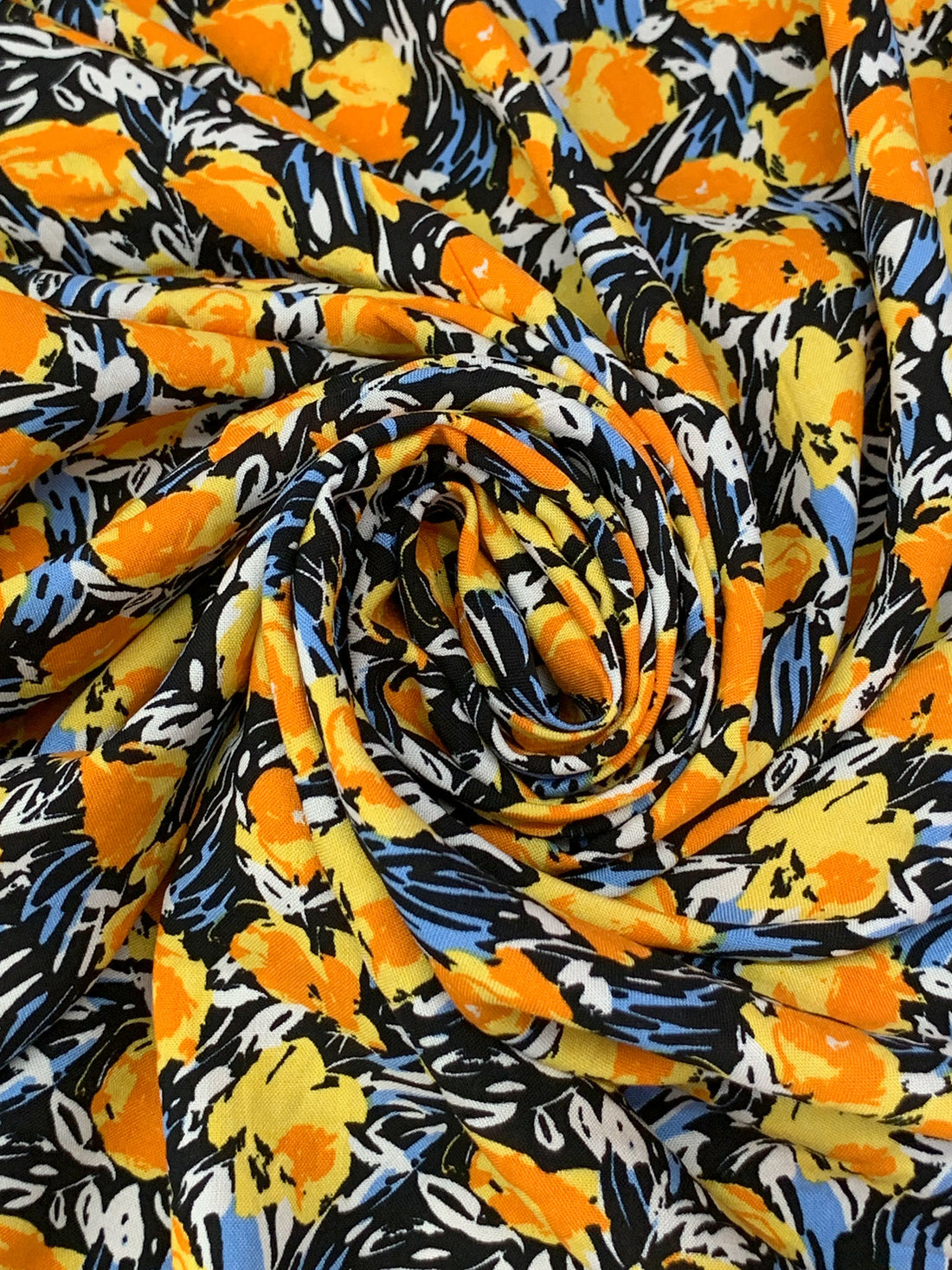 Royal Orange/Vista Blue/Black/Multi 100% Rayon Abstract Floral Print Challis 54W
