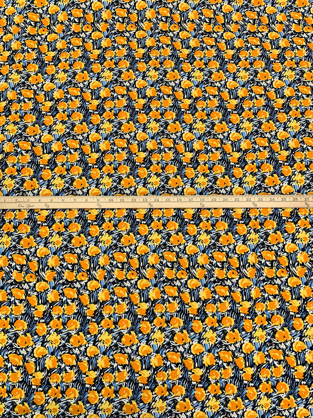Royal Orange/Vista Blue/Black/Multi 100% Rayon Abstract Floral Print Challis 54W