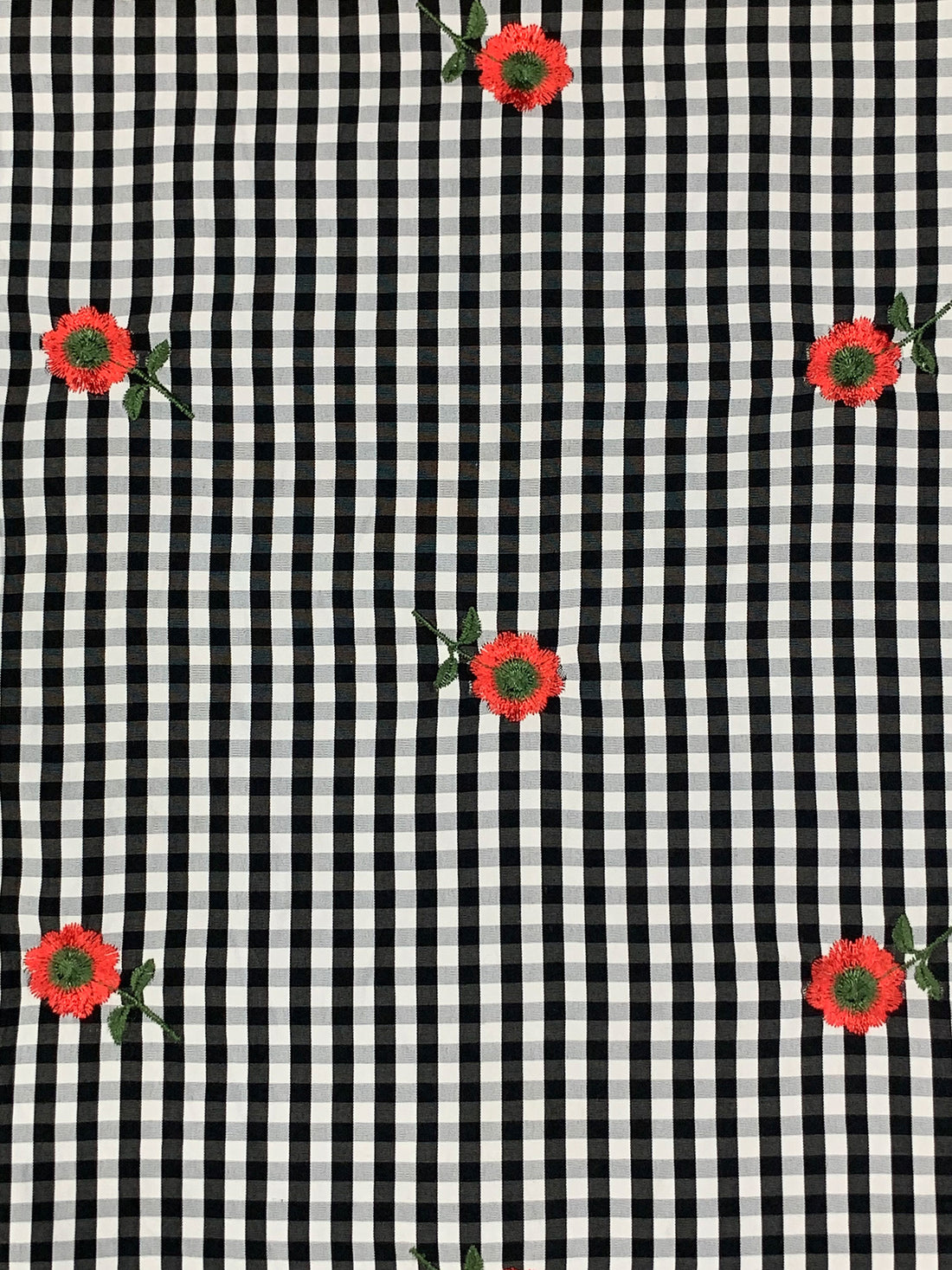 Black/White/Vermilion/Fern 100% Polyester Embroidered Poppy Over Gingham Shirting 56W