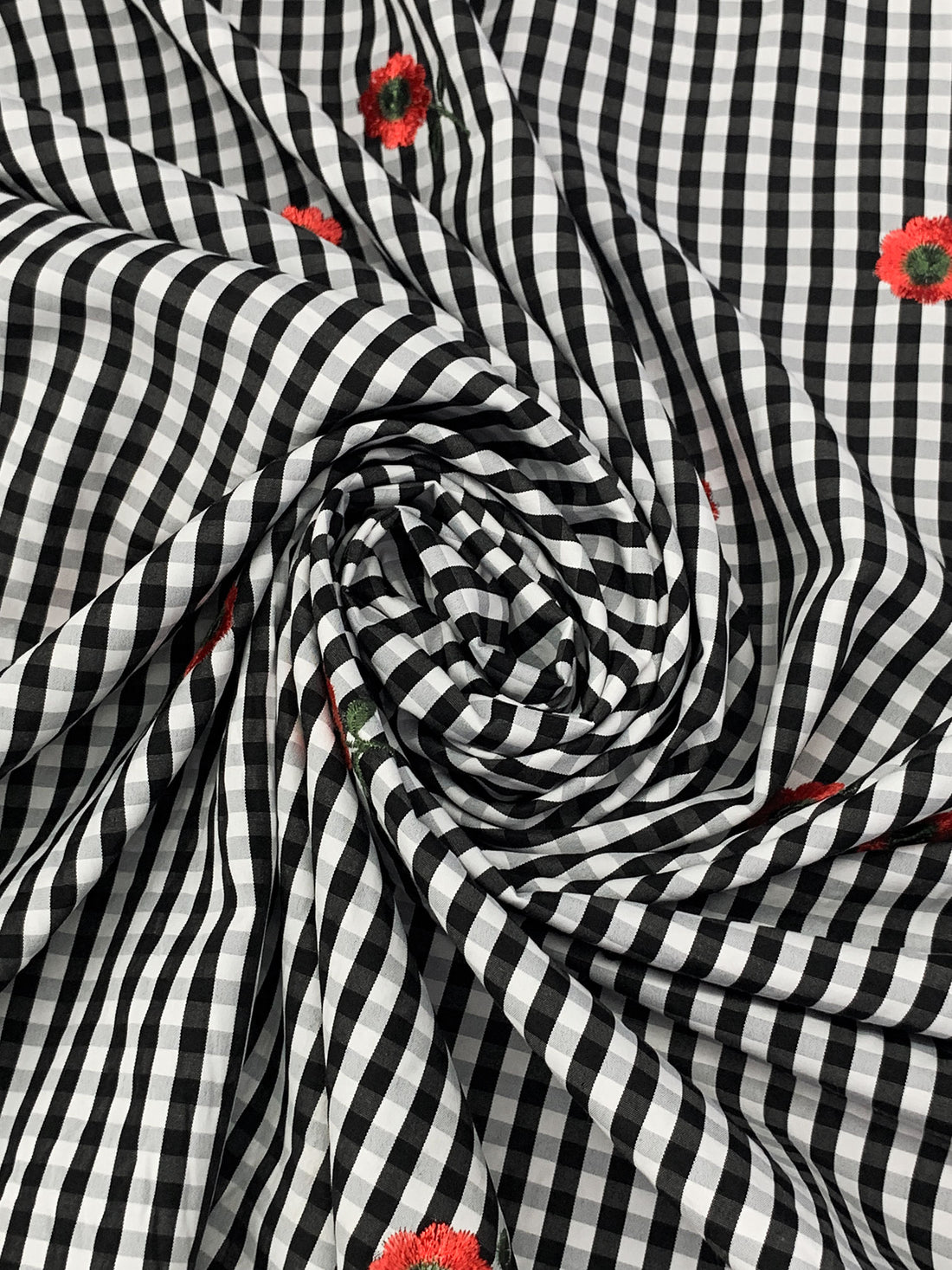 Black/White/Vermilion/Fern 100% Polyester Embroidered Poppy Over Gingham Shirting 56W