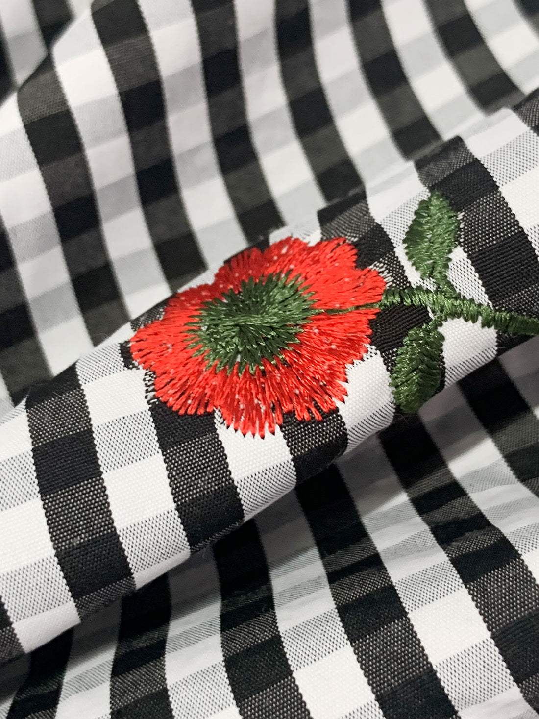 Black/White/Vermilion/Fern 100% Polyester Embroidered Poppy Over Gingham Shirting 56W