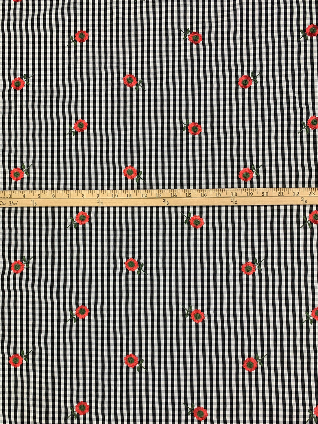 Black/White/Vermilion/Fern 100% Polyester Embroidered Poppy Over Gingham Shirting 56W