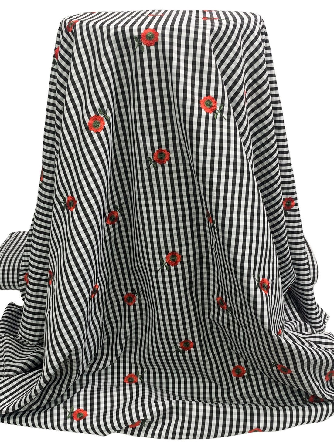 Black/White/Vermilion/Fern 100% Polyester Embroidered Poppy Over Gingham Shirting 56W