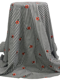 Black/White/Vermilion/Fern 100% Polyester Embroidered Poppy Over Gingham Shirting 56W