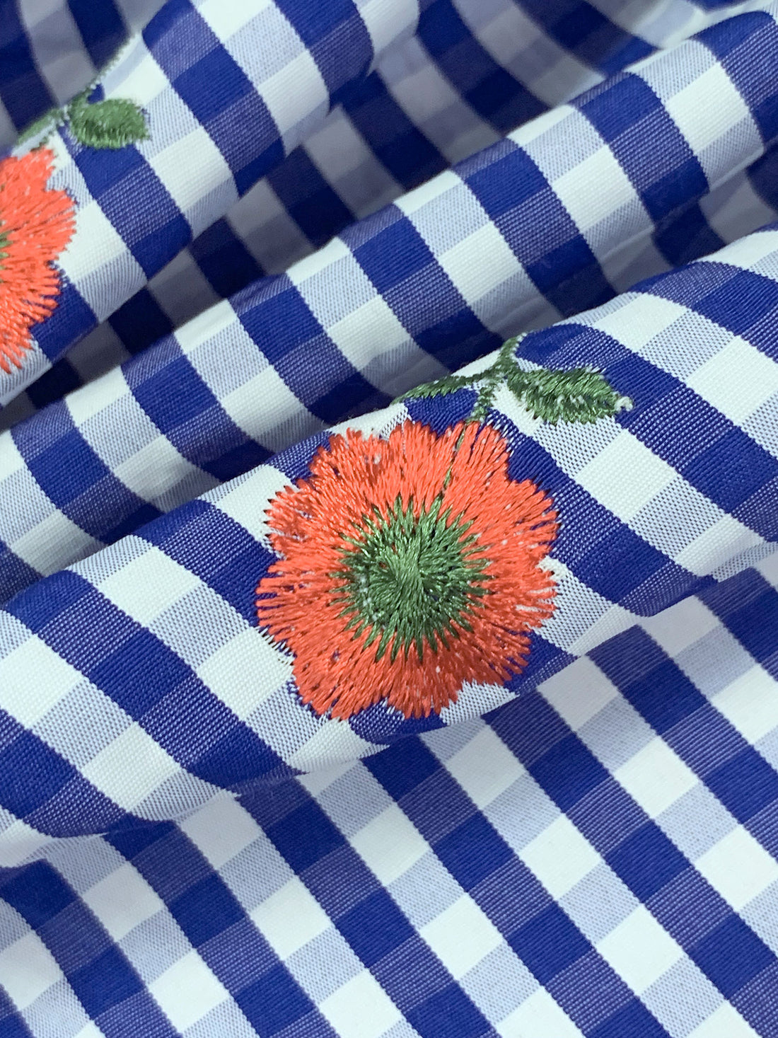 Cobalt/White/Vermilion/Fern 100% Polyester Embroidered Poppy Over Gingham Shirting 56W