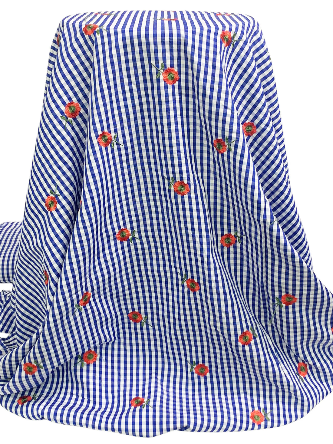 Cobalt/White/Vermilion/Fern 100% Polyester Embroidered Poppy Over Gingham Shirting 56W