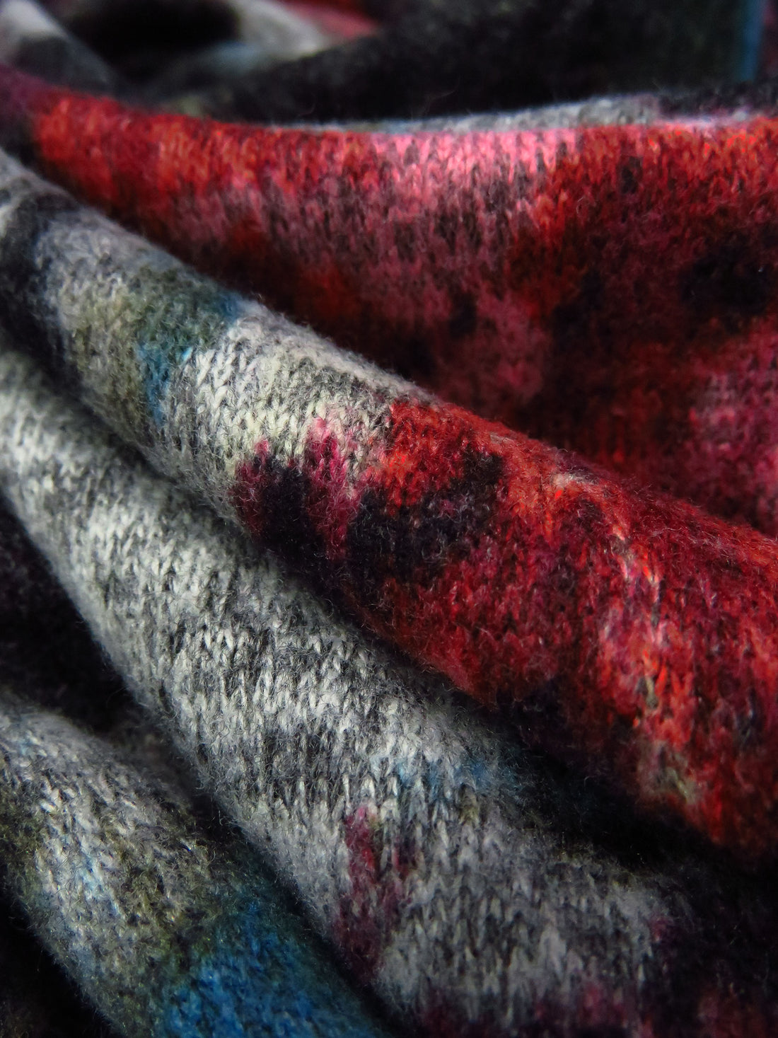 Dark Scarlet/Teal Blue/Iron/Multi Polyester/Lycra Abstract Floral Print Hacci Sweater Knit 54W