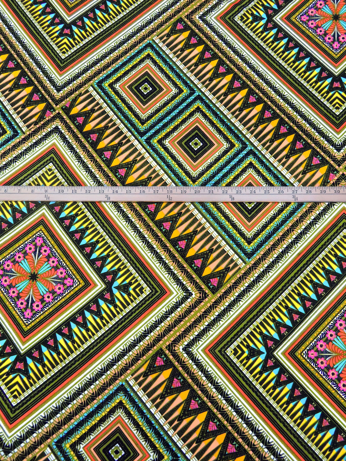 Olive/Turquoise Surf/Black/Multi Polyester/Lycra Abstract Geometric Print ITY Knit 56W