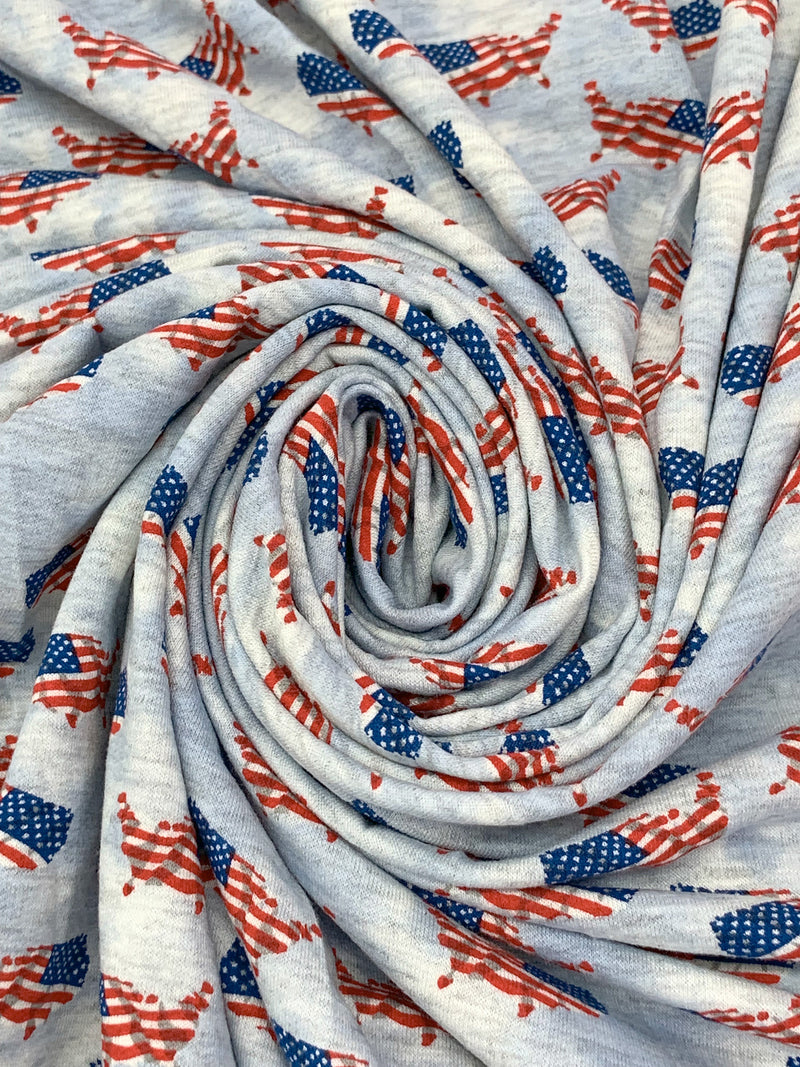 Light Steel Blue/Red/Pale Gray Polyester/Rayon/Lycra U.S.A. Country Flag Print French Terry Knit 56W