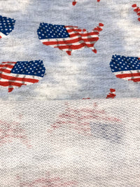 Light Steel Blue/Red/Pale Gray Polyester/Rayon/Lycra U.S.A. Country Flag Print French Terry Knit 56W