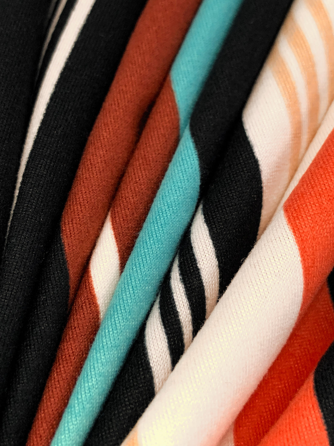 Russet/Candied Yam/Off-White/Soft Teal Polyester/Lycra Vertical Stripe Print Double Brushed Knit 58W