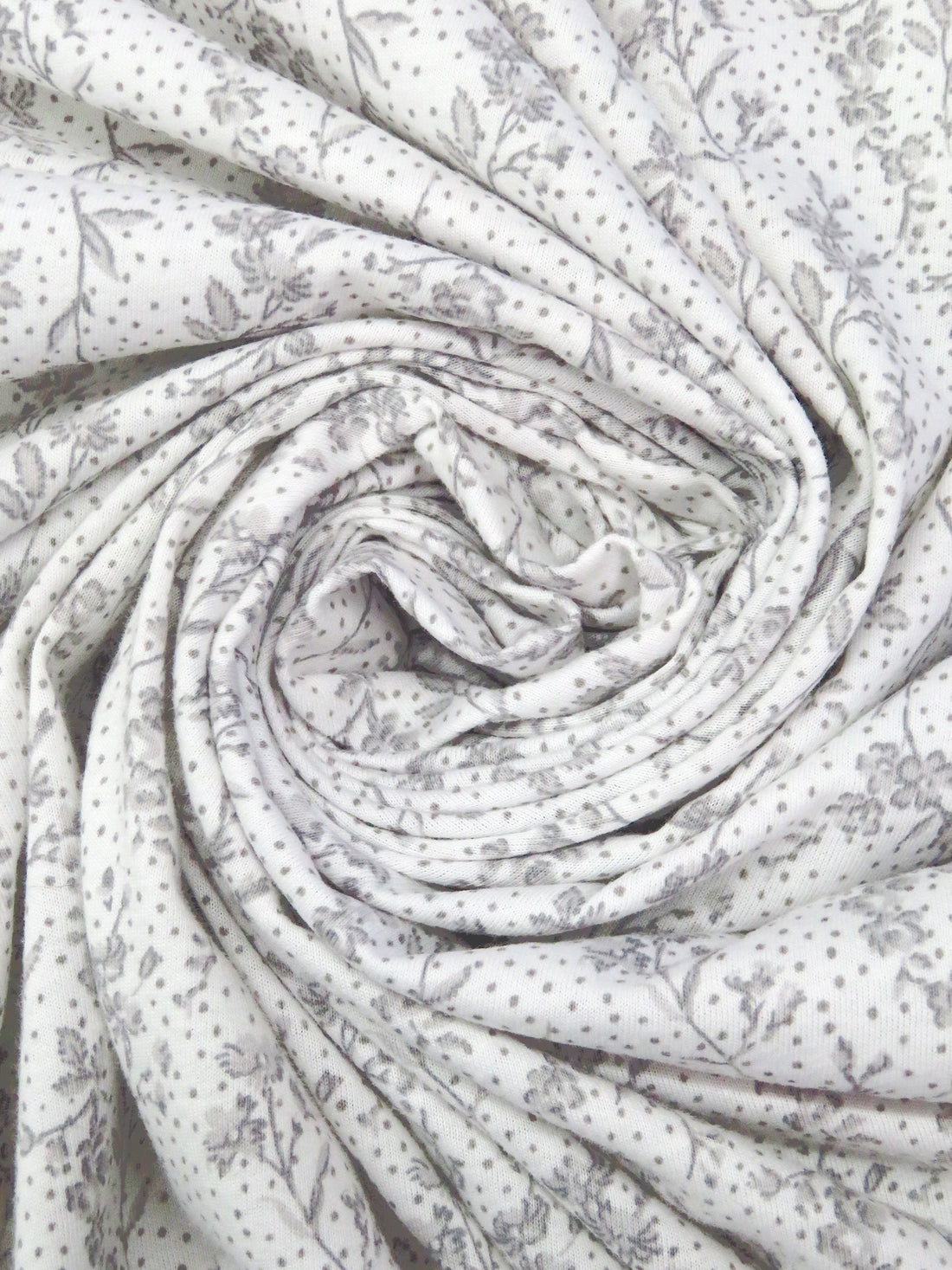 White/Light Gray/Gray 100% Cotton Floral Stem Print Jersey Knit 60W