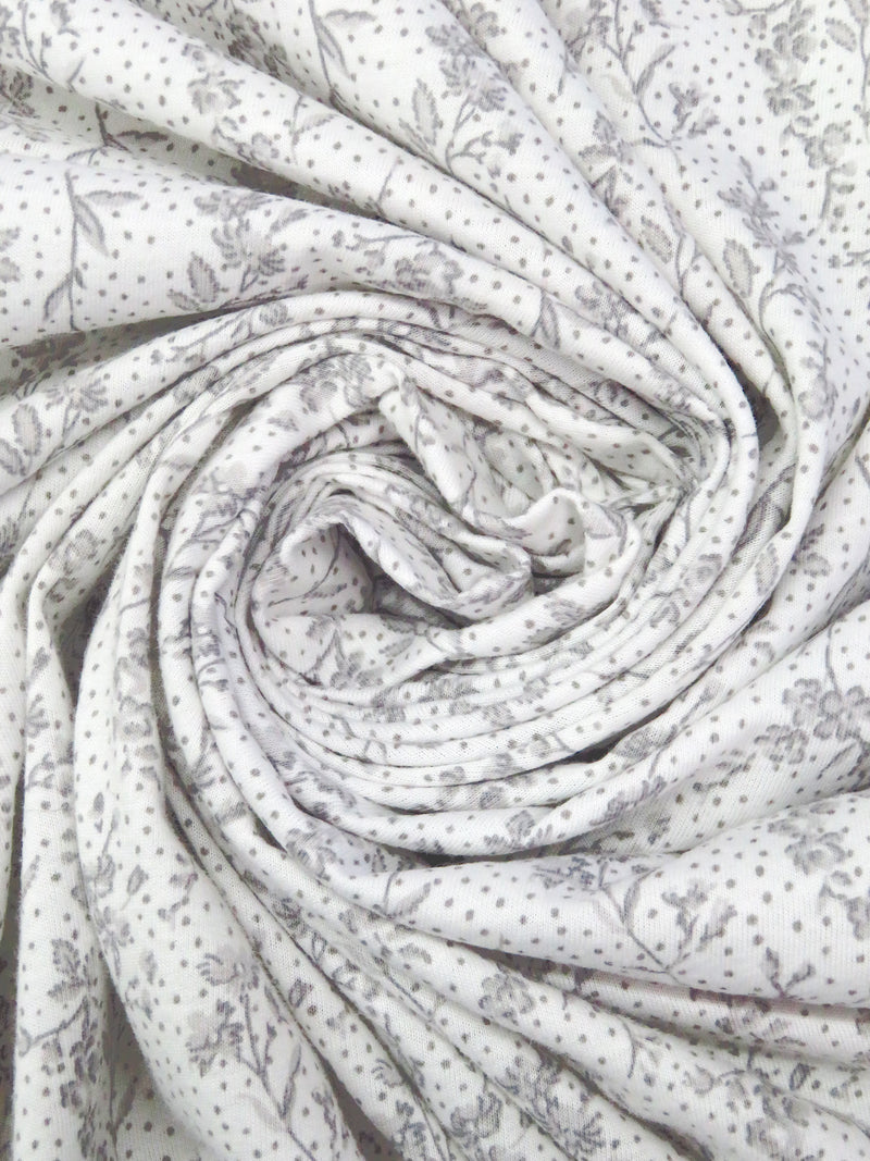 White/Light Gray/Gray 100% Cotton Floral Stem Print Jersey Knit 60W