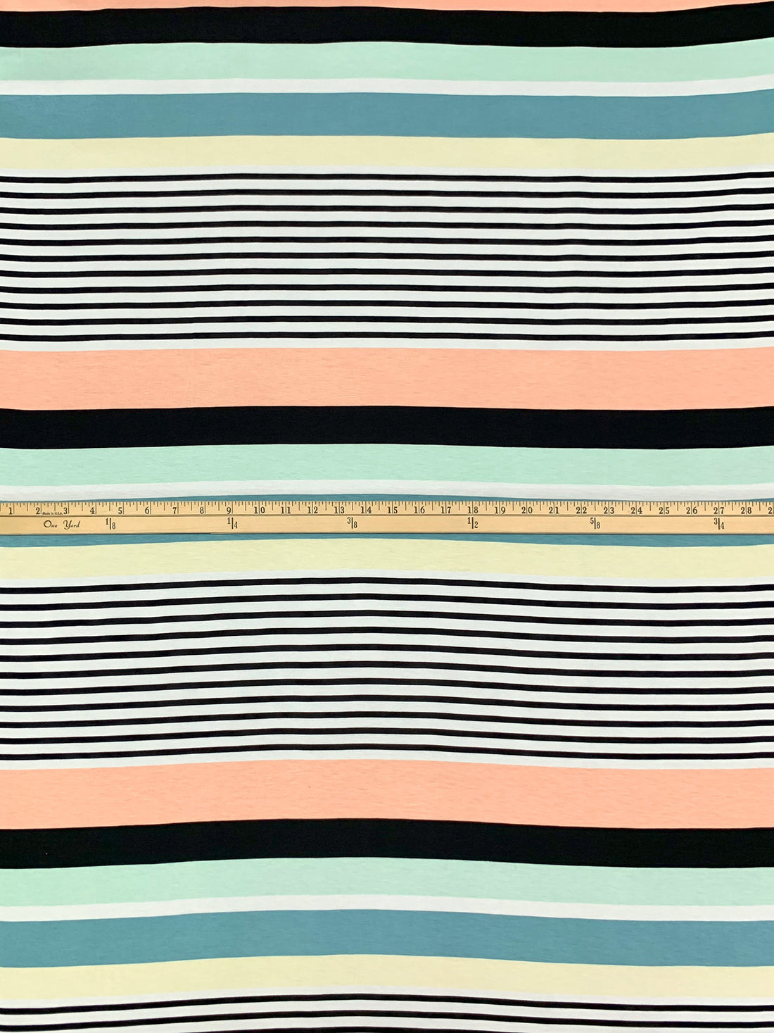 Peach/Steel Teal/Black/White Rayon/Lycra Horizontal Stripe Jersey Knit 56W