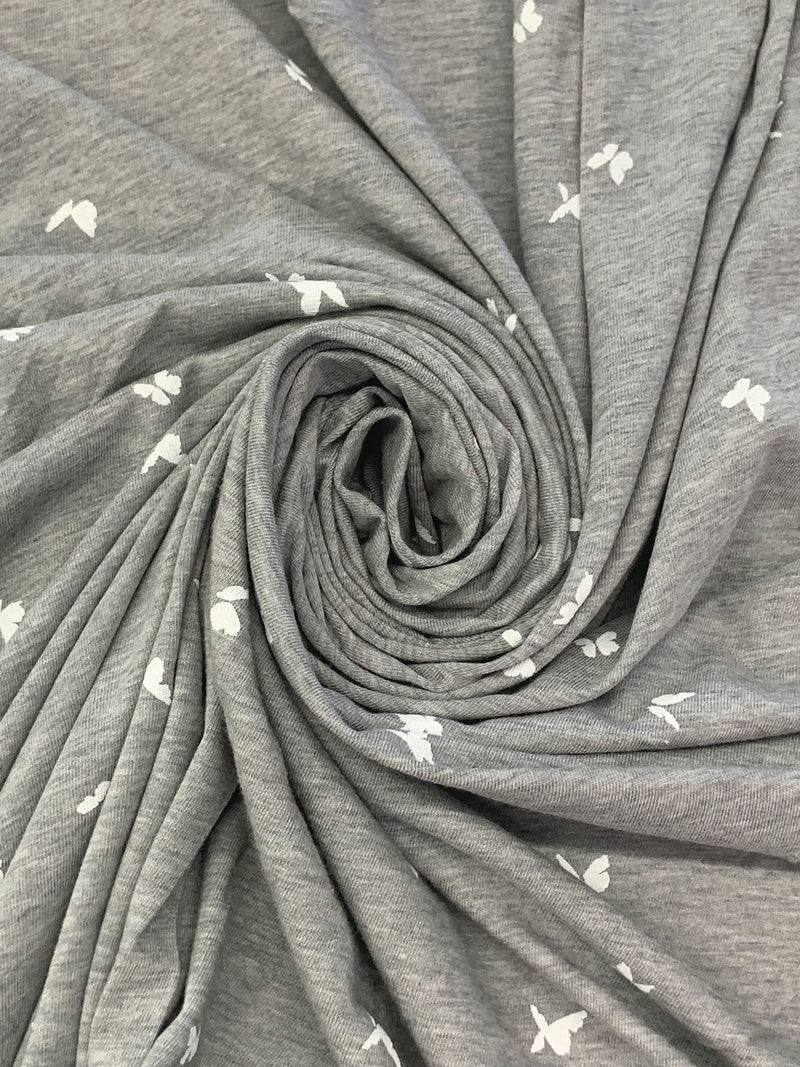 Heathered Gray/White Rayon/Lycra Mini Silhouette Butterflies Print Jersey Knit 56W