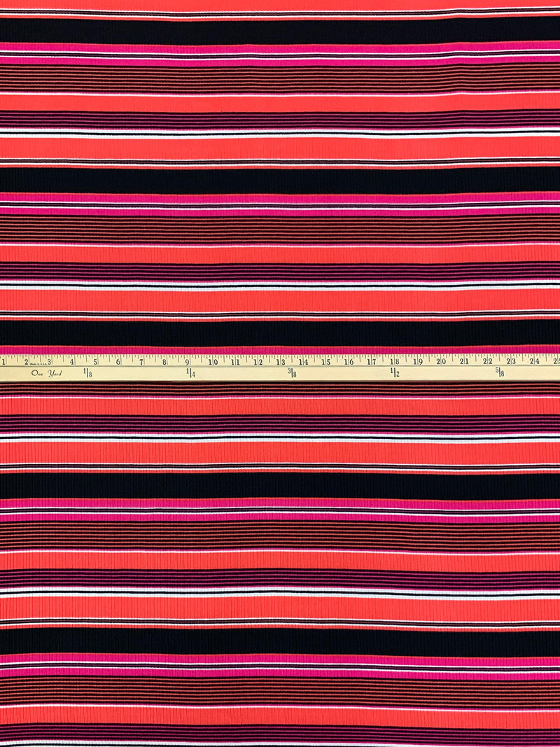 Tart Orange/Cerise Pink/Black/White Polyester/Lycra Horizontal Stripe Double Brushed Rib Knit 54W