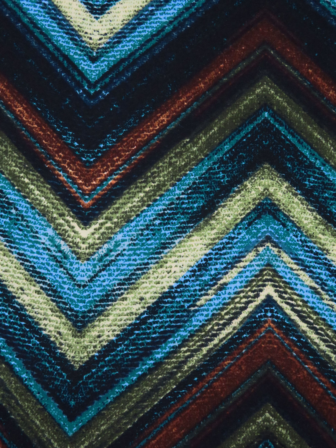 Teal Blue/Chestnut Leather/Muted Olive/Multi Polyester/Lycra Large Chevron Print DTY Knit 58W