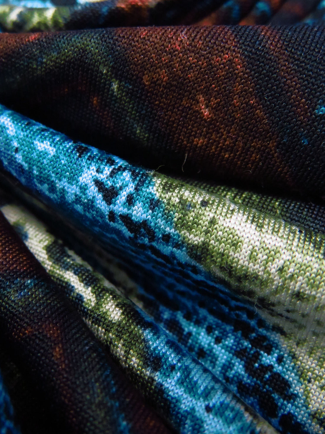 Teal Blue/Chestnut Leather/Muted Olive/Multi Polyester/Lycra Large Chevron Print DTY Knit 58W