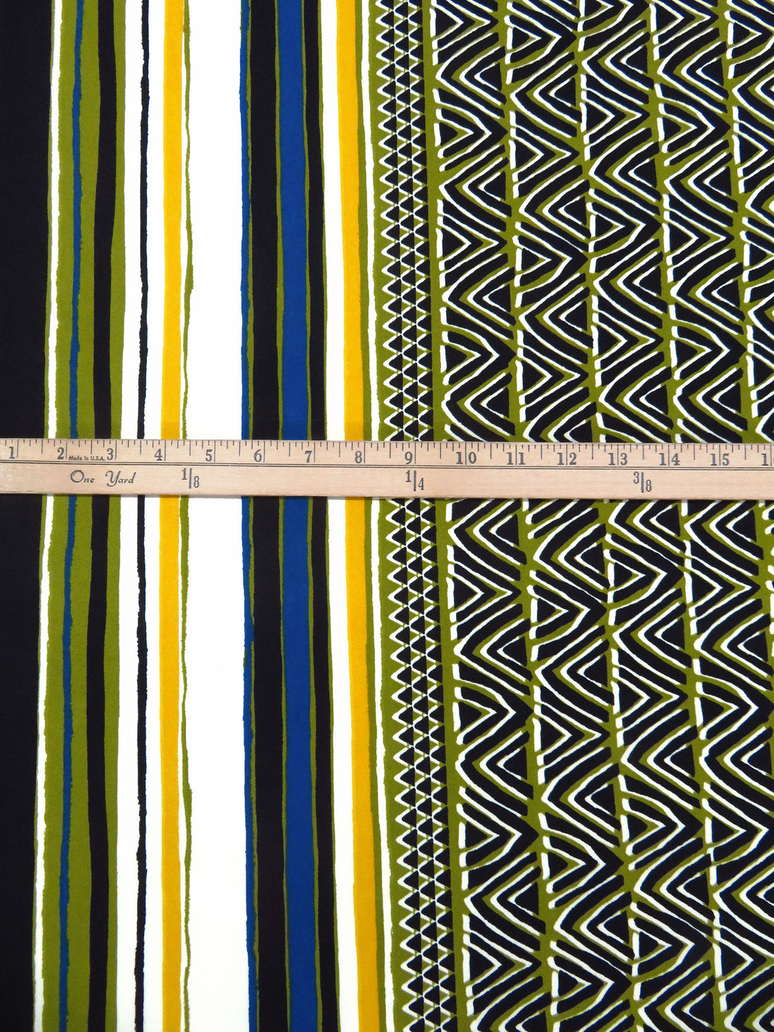 Olive/Black/Mango/Multi Polyester/Lycra Double Border Abstract Tribal Print DTY Knit 58W