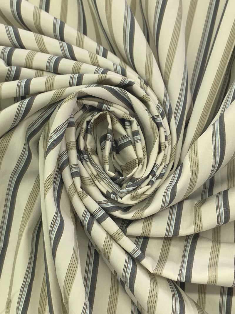 Muted Cream/Sage/Dark Moon 100% Cotton Vertical Multi-Stripe Shirting 62W