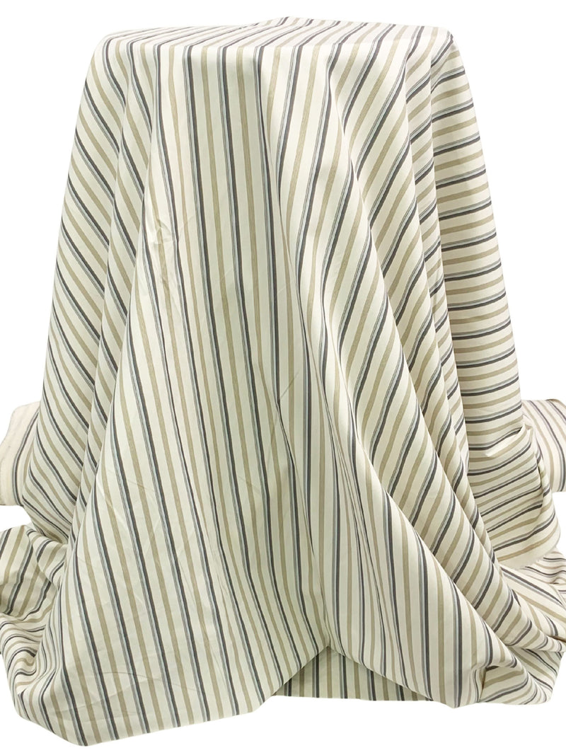 Muted Cream/Sage/Dark Moon 100% Cotton Vertical Multi-Stripe Shirting 62W