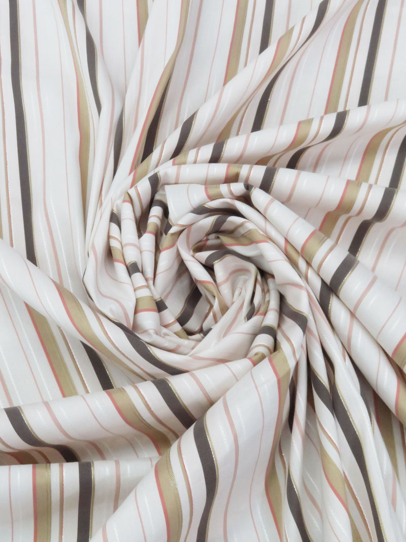 Palest Blush Pink/Dark Cedar Brown/Pearl/Multi Cotton/Lycra Vertical Novelty Stripe Weave Stretch Shirting 44W