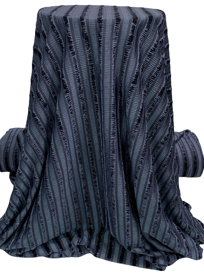 Independence Blue Polyester/Lycra Vertical Ribbon-Look Stripe Stretch Crinkle Velvet Knit 58W