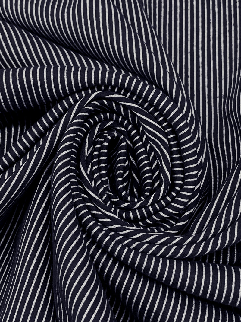 Dark Navy/White Polyester/Rayon/Lycra Vertical Stripe Double Knit - Imported From Italy - 60W