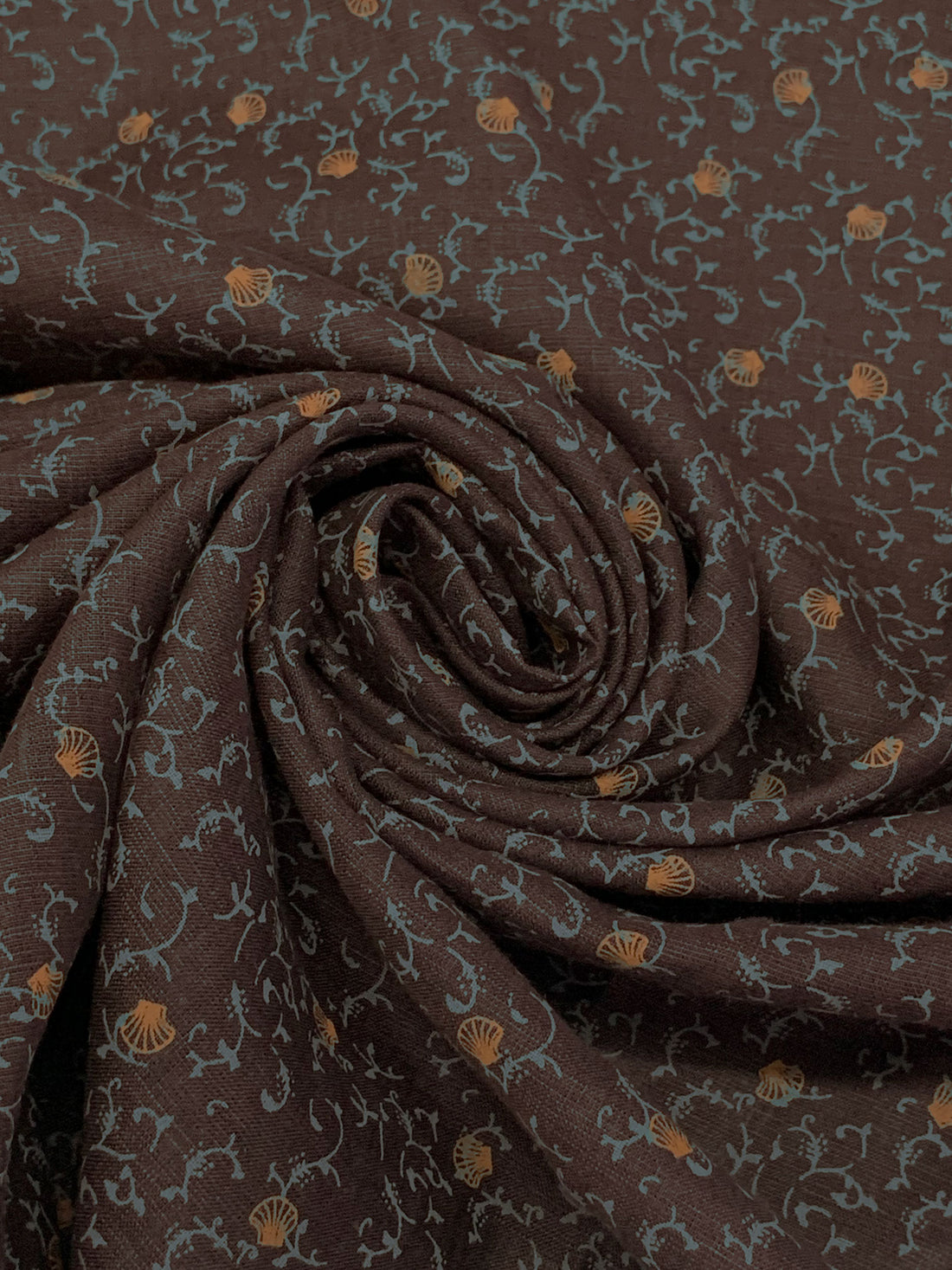 Mission Brown/Bronze 100% Linen Small Seashell Scrolls Print Shirt Weight Woven 57W