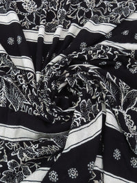 Black/Ghost White/Pewter Gray 100% Rayon Horizontal Floral Stripe Print Crinkle Challis 52W