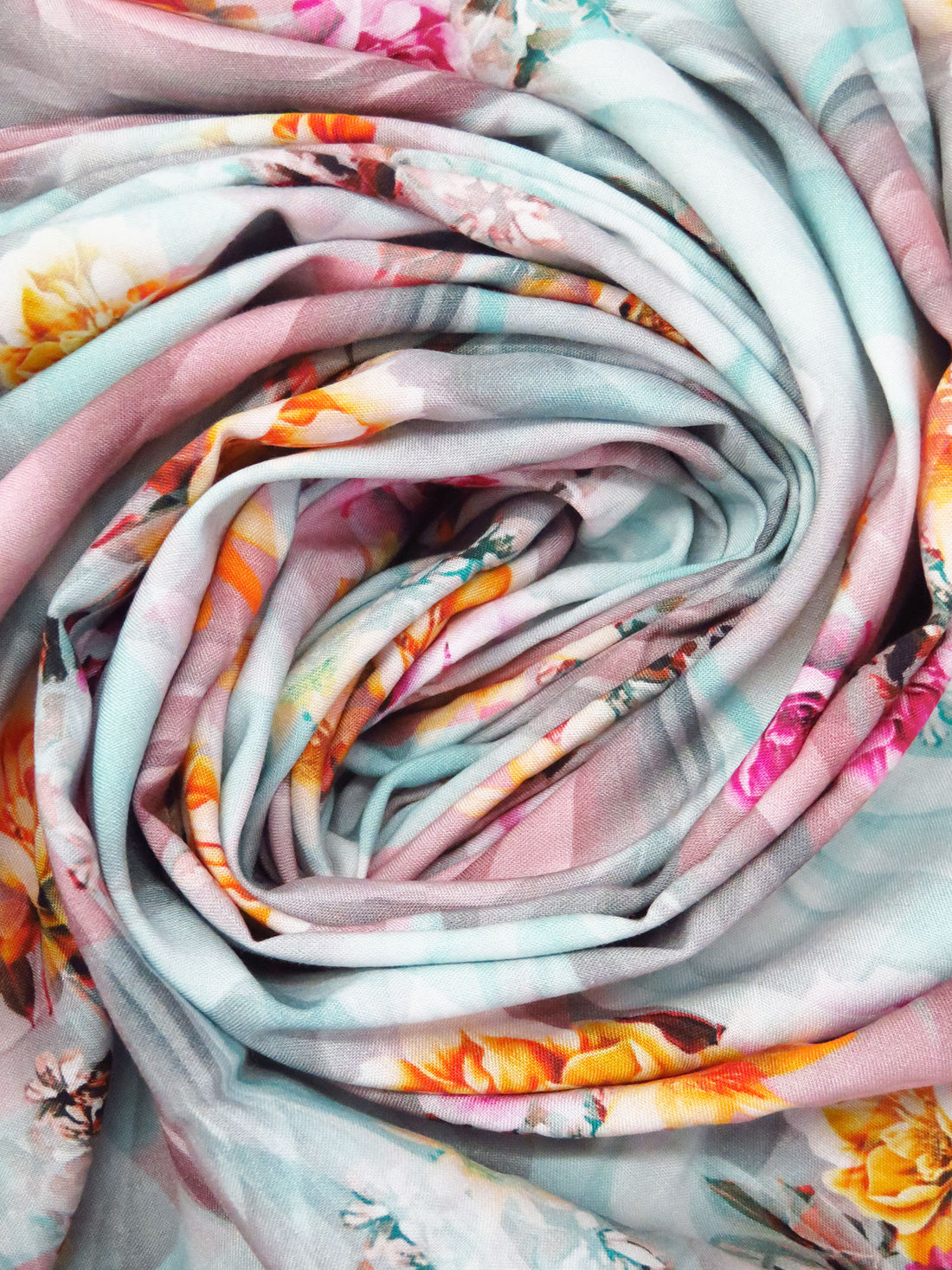 Robins Egg/Tangerine/Pale Dusty Rose/Multi 100% Rayon Abstract Floral Clusters Print Challis 54W
