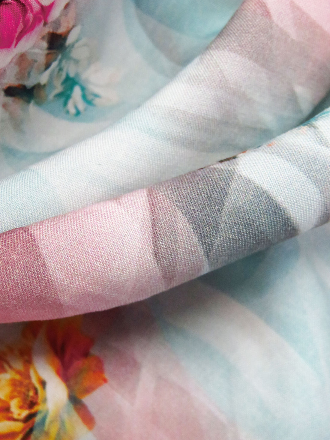 Robins Egg/Tangerine/Pale Dusty Rose/Multi 100% Rayon Abstract Floral Clusters Print Challis 54W