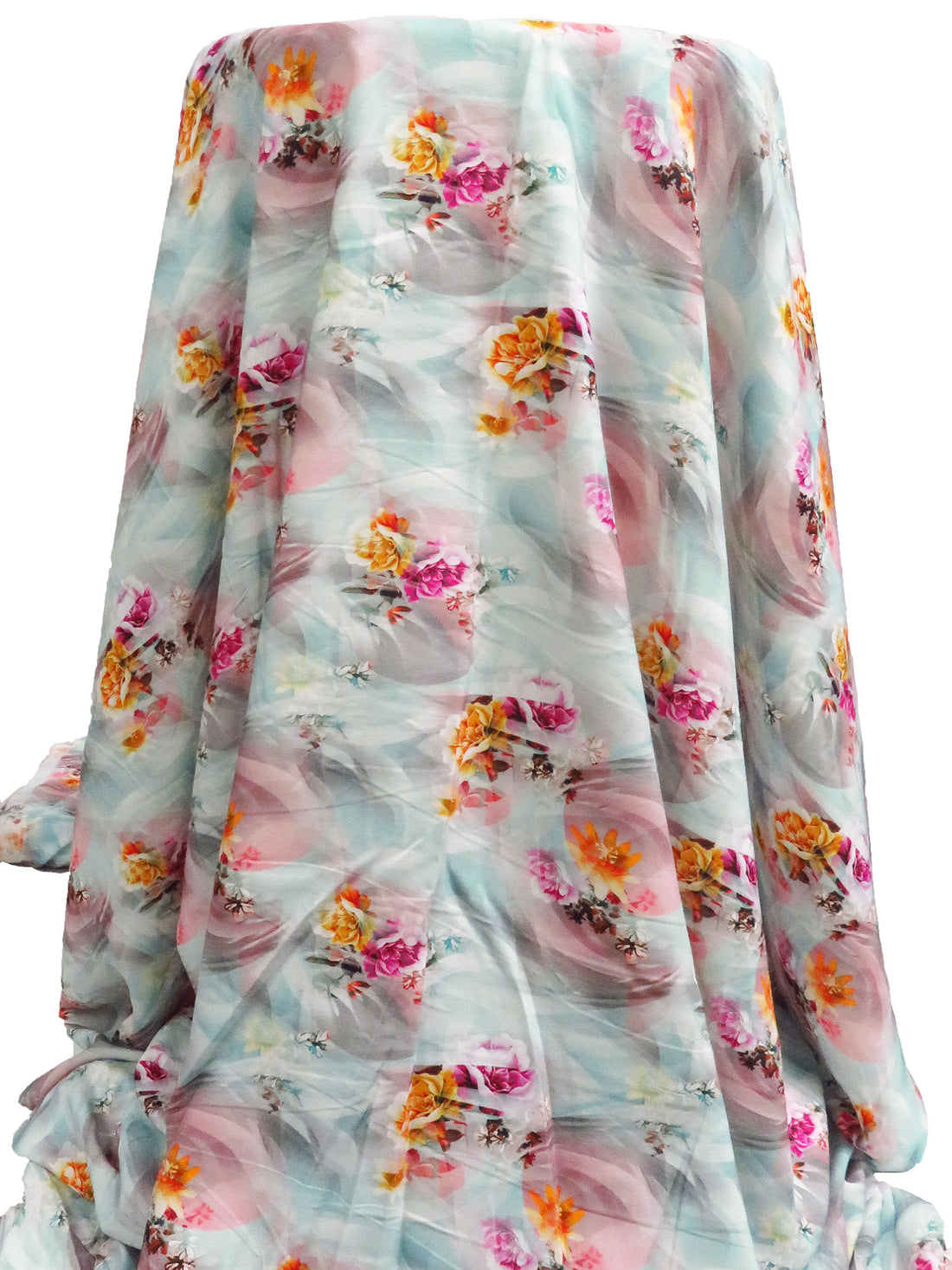 Robins Egg/Tangerine/Pale Dusty Rose/Multi 100% Rayon Abstract Floral Clusters Print Challis 54W