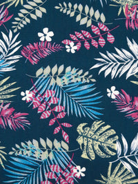 Prussian Blue/Sage/White/Multi 100% Rayon Tropical Leaves Print Challis 54W