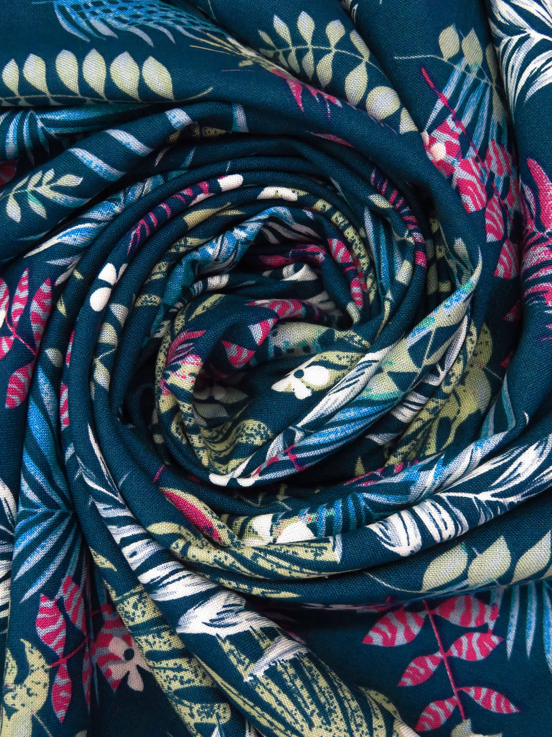Prussian Blue/Sage/White/Multi 100% Rayon Tropical Leaves Print Challis 54W