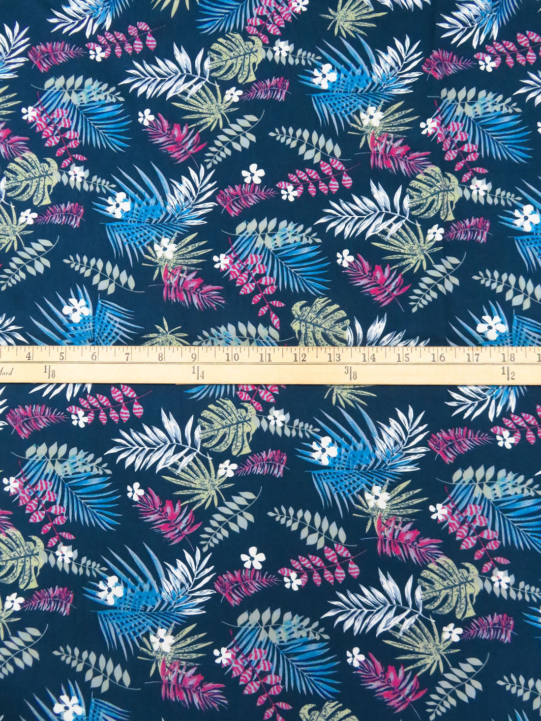 Prussian Blue/Sage/White/Multi 100% Rayon Tropical Leaves Print Challis 54W