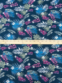 Prussian Blue/Sage/White/Multi 100% Rayon Tropical Leaves Print Challis 54W