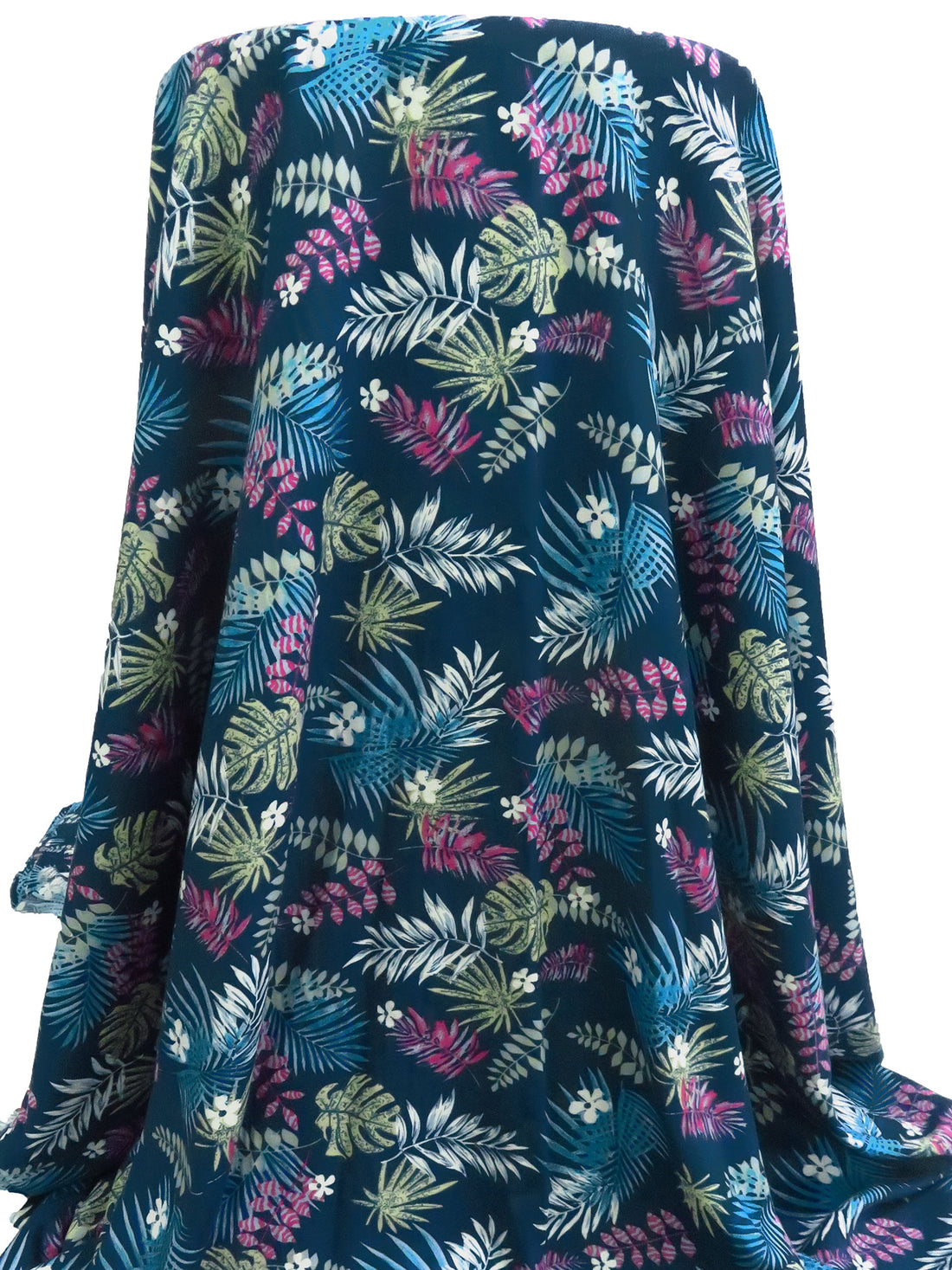 Prussian Blue/Sage/White/Multi 100% Rayon Tropical Leaves Print Challis 54W