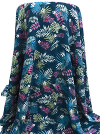 Prussian Blue/Sage/White/Multi 100% Rayon Tropical Leaves Print Challis 54W