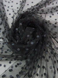 Black Acrylic/Nylon Scattered Embossed Polka Dots On Netting - Imported From France By Monique Lhuillier - 55W