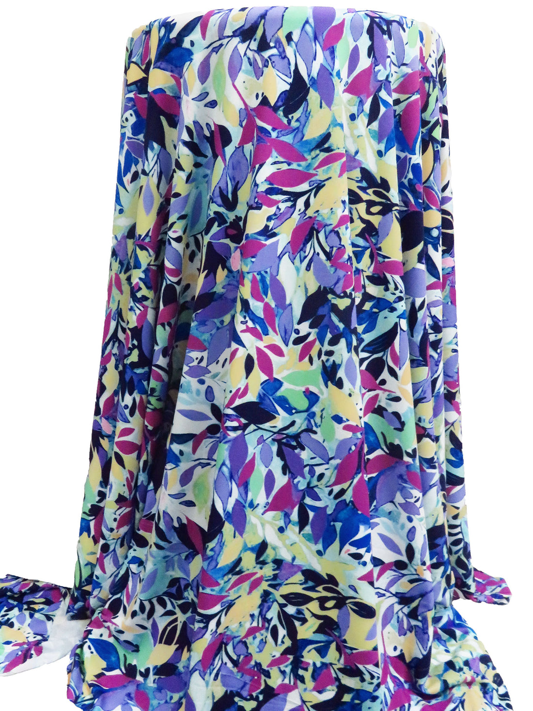 Dark Blue/Flax/Deep Magenta/Multi Polyester/Lycra Abstract Leaves Print ITY Knit 56W