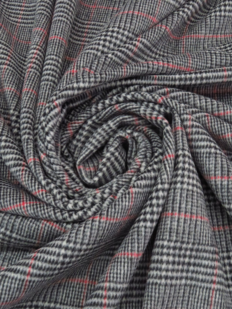 Black/Pale Gray/Cherry Red 100% Wool Glen Plaid Design Flannel Coating 58W