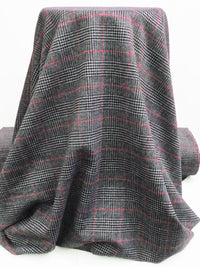 Black/Pale Gray/Cherry Red 100% Wool Glen Plaid Design Flannel Coating 58W