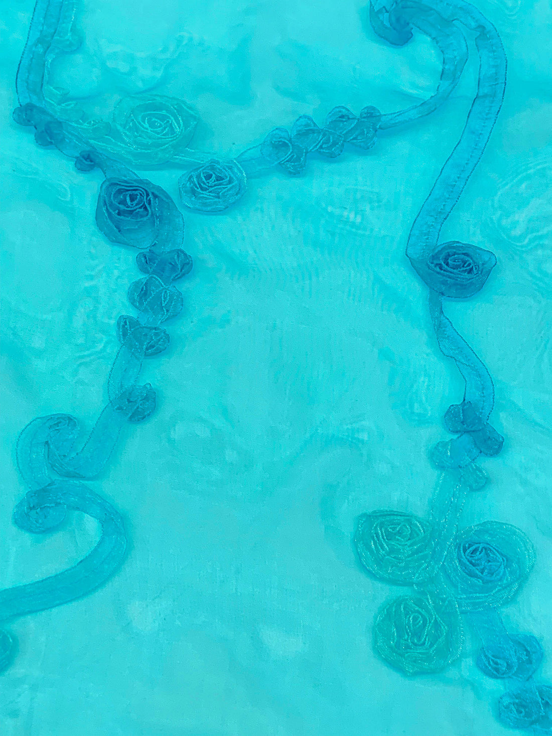 Caribbean Blue/Powder Blue 100% Polyester Embellished Rosette Scrolls Organza 55W