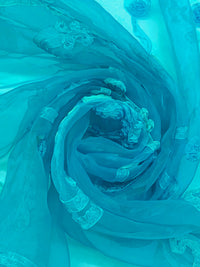 Caribbean Blue/Powder Blue 100% Polyester Embellished Rosette Scrolls Organza 55W